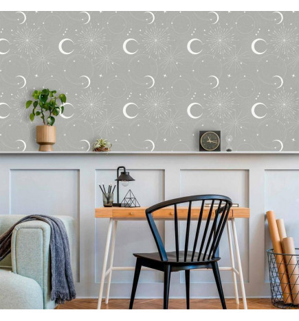 Tapete - Cosmic Fireworks - Elegant pattern with moons and stars on a gray background