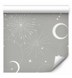 Papel de parede - Cosmic Fireworks - Elegant pattern with moons and stars on a gray background