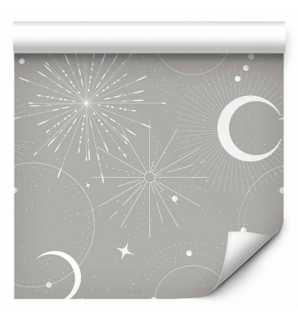 Papel de parede - Cosmic Fireworks - Elegant pattern with moons and stars on a gray background