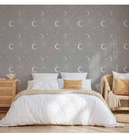 Wallpaper - Cosmic Fireworks - Elegant pattern with moons and stars on a gray background