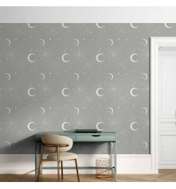 Papel pintado - Cosmic Fireworks - Elegant pattern with moons and stars on a gray background