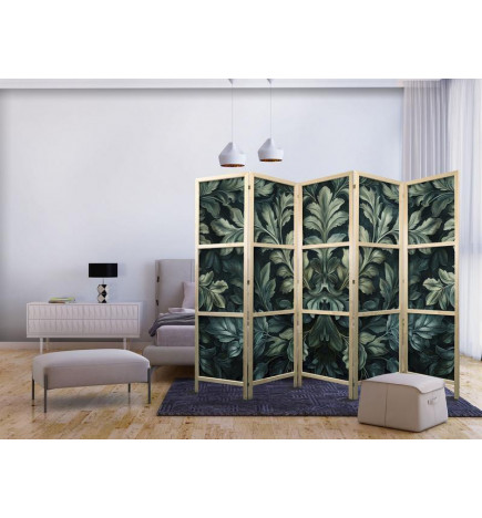 Japanese Room Divider - Dark Green Victorian Leaves - Botanical Carved Composition