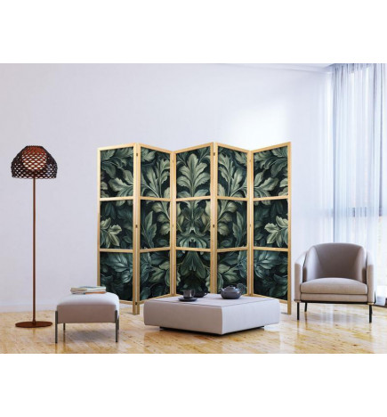 Japanischer Paravent - Dark Green Victorian Leaves - Botanical Carved Composition