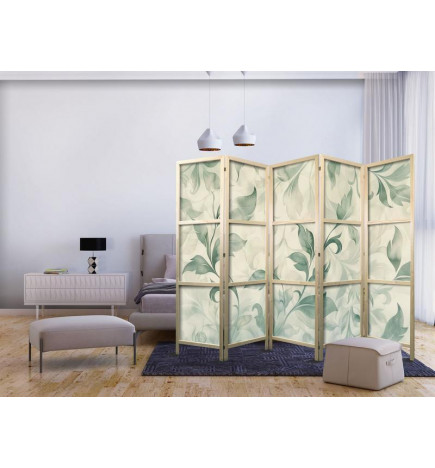 Paravan japonez - Watercolor Botanical Motif - Delicate Green-Beige Leaves
