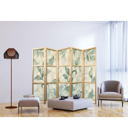 Japonska pregrada - Watercolor Botanical Motif - Delicate Green-Beige Leaves