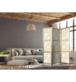 Paravento giapponese - Fish and Water Lilies - Light Oriental Fish Swimming Among Water Flowers on a Delicate Sand-Beige