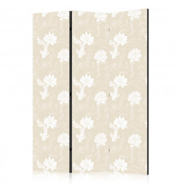 Sermi - Fish and Water Lilies - Bright Oriental Fish Swimming Among Water Flowers on a Delicate Sand-Beige Background