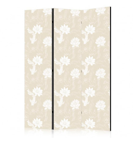 Biombo - Fish and Water Lilies - Bright Oriental Fish Swimming Among Water Flowers on a Delicate Sand-Beige Background