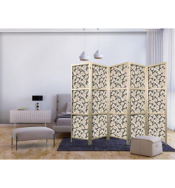 Japanese Room Divider - Among Pink Shrubs - White and Beige Rabbits on a Blooming Meadow