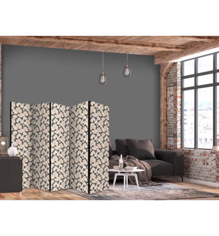 Room Divider - Among Pink Shrubs - White and Beige Rabbits on a Blooming Meadow