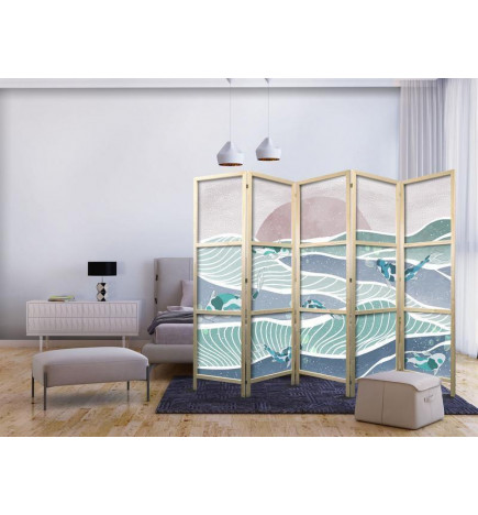 Japonska pregrada - Koi Fish Among Waves - Japanese Fish Among Waves in Shades of Turquoise and White