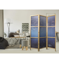 Paravento giapponese - School of Small Fish - Illuminated Oceanic Depth in Shades of Navy Purple and Gray with a School 