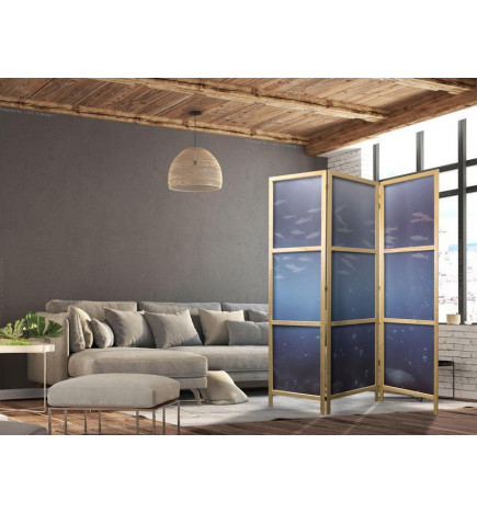 Jaapani sirm - School of Small Fish - Illuminated Oceanic Depth in Shades of Navy Purple and Gray with a School of Tiny 