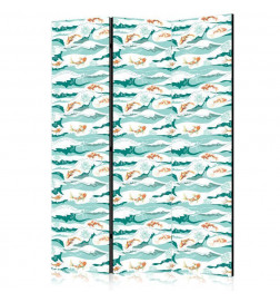 Paravento - Fish Leaping Above the Waves - Oriental Fish and Water Lilies Among High Waves in Sea Green Colors