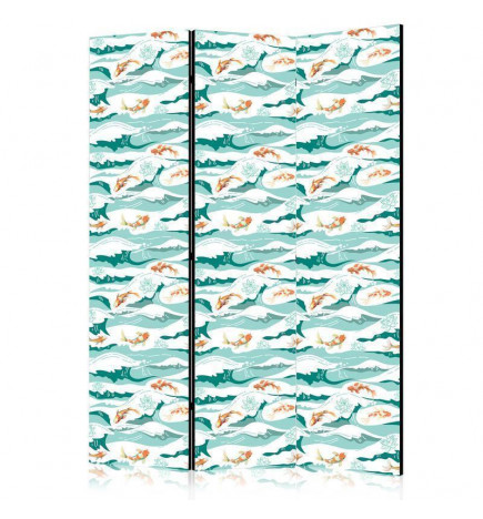 Paravento - Fish Leaping Above the Waves - Oriental Fish and Water Lilies Among High Waves in Sea Green Colors