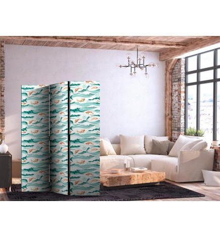 Sermi - Fish Leaping Above the Waves - Oriental Fish and Water Lilies Among High Waves in Sea Green Colors