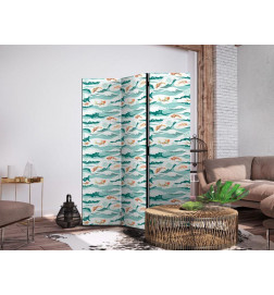 Paravent - Fish Leaping Above the Waves - Oriental Fish and Water Lilies Among High Waves in Sea Green Colors