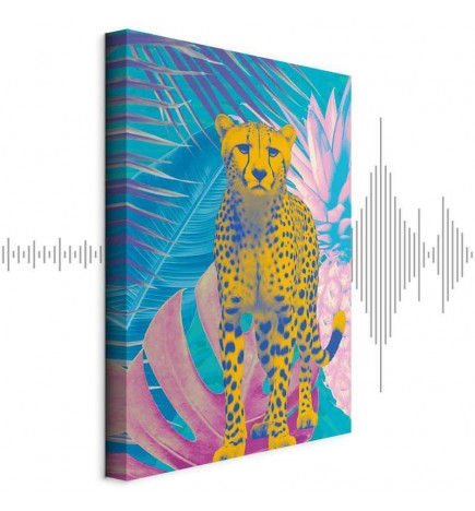 Quadro - Exotic Leopard - Colorful Portrait of a Cheetah Against Tropical Leaves