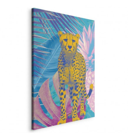 Quadro - Exotic Leopard - Colorful Portrait of a Cheetah Against Tropical Leaves