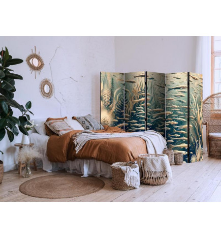 Španska stena - Life in The Ocean - Underwater World of Fish And Vegetation in Beige And Navy Colors in Retro Style
