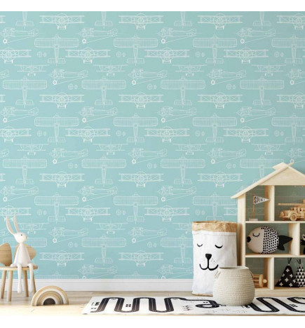 Papel pintado - Sketch - Outline of an airplane in white on a turquoise background
