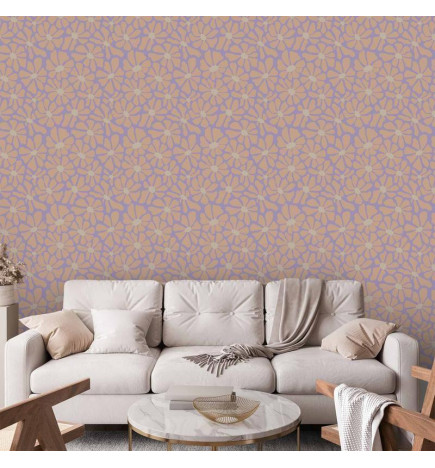 Tapetas - Cute Light-Beige Little Flowers - Small flowers with beige - undulating petals on a blue background