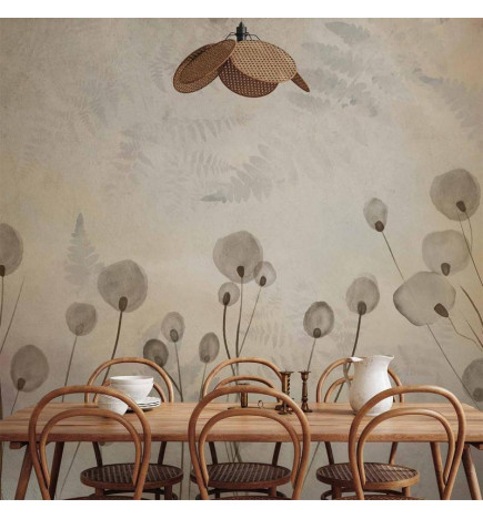 Fotomural - Minimalist meadow - floral motif in light shades with reflections