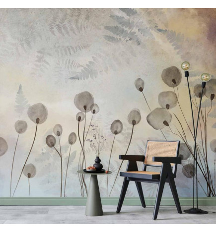 Fotomural - Minimalist meadow - floral motif in light shades with reflections