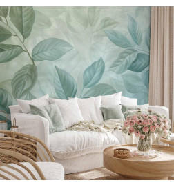Fotomural - Large Leaves in Shades of Green-Mint: Botanical Motif