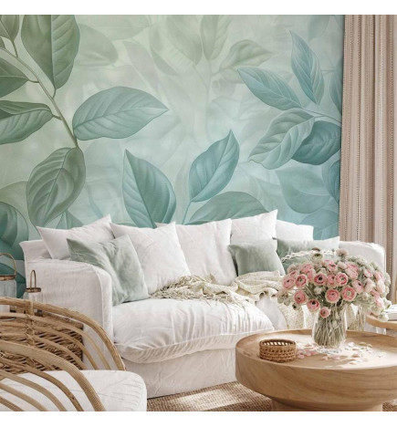Papier peint - Large Leaves in Shades of Green-Mint: Botanical Motif