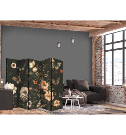Biombo - Mysterious Garden - Butterflies Flying Over Flowers - Rustic Evening