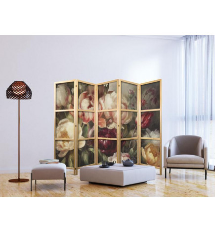 Biombo japonês - Blooming Peonies - Charismatic Flowers Bathed in Sunlight