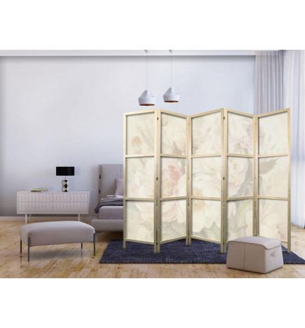 Japanese Room Divider - Blooming Peonies - Bright Large Flowers Enveloped in White Mist