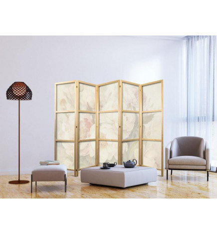 Japanese Room Divider - Blooming Peonies - Bright Large Flowers Enveloped in White Mist
