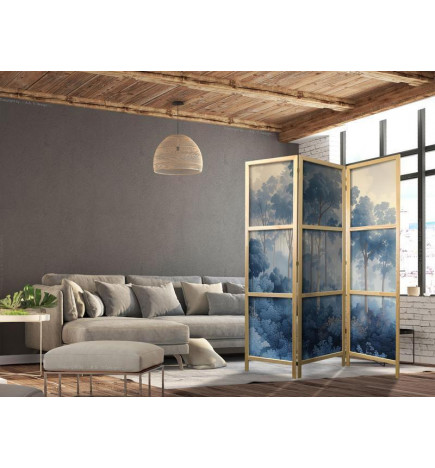 Japanese Room Divider - Landscape with Trees in Illustrative Style - Fairy-Tale Blue Forest