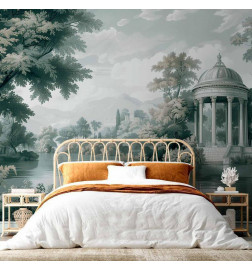 Papier peint - View of the Park and Lake Retro Vintage Landscape in Greens