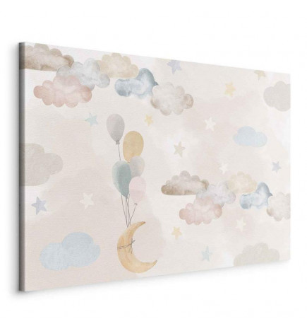 Quadro - Fairy-Tale Moon - Pastel Moon with Balloons Among Colorful Clouds and Stars in Subdued Colors on a Light Backgr