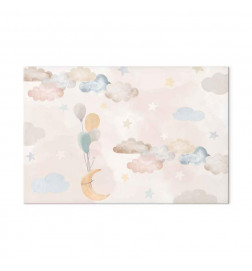 Schilderij - Fairy-Tale Moon - Pastel Moon with Balloons Among Colorful Clouds and Stars in Subdued Colors on a Light Ba