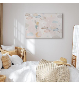 Quadro - Fairy-Tale Moon - Pastel Moon with Balloons Among Colorful Clouds and Stars in Subdued Colors on a Light Backgr