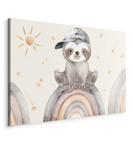 Paveikslas - Happy Sloth - Sloth in Subdued Colors Wearing a Cap Sitting on a Rainbow Among Little Stars