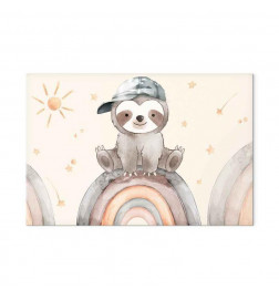 Slika - Happy Sloth - Sloth in Subdued Colors Wearing a Cap Sitting on a Rainbow Among Little Stars