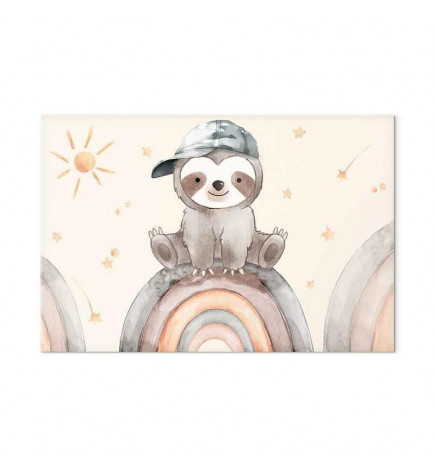 Tableau - Happy Sloth - Sloth in Subdued Colors Wearing a Cap Sitting on a Rainbow Among Little Stars