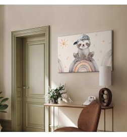 Quadro - Happy Sloth - Sloth in Subdued Colors Wearing a Cap Sitting on a Rainbow Among Little Stars