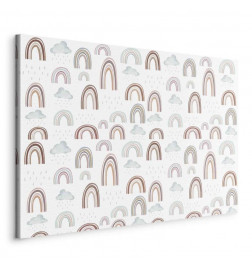 Leinwandbild - Rainbows After the Storm - Rainbows of Various Sizes in Pastel Hues Among Rain Clouds in a Gray-Blue Shad