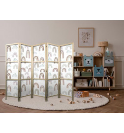 Paravento giapponese - Rainbows and Clouds - Various-sized rainbows in muted colors among rain clouds in a pale blue sha