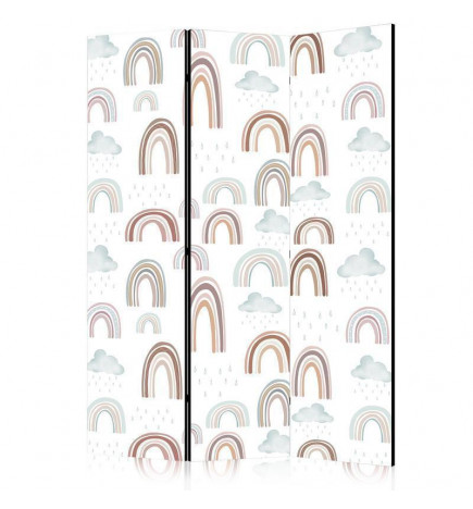 Room Divider - Rainbows and Clouds - Rainbows of Various Sizes in Muted Colors Among Rain Clouds in a Pale Blue Shade