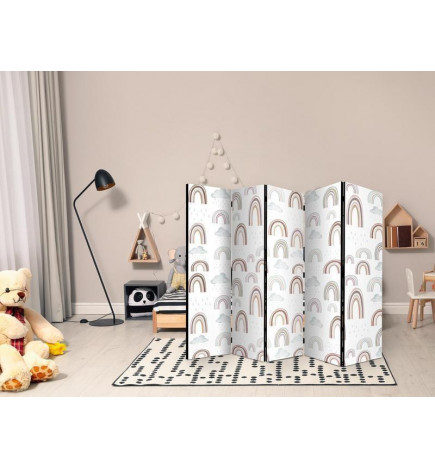 Room Divider - Rainbows and Clouds - Rainbows of Various Sizes in Muted Colors Among Rain Clouds in a Pale Blue Shade