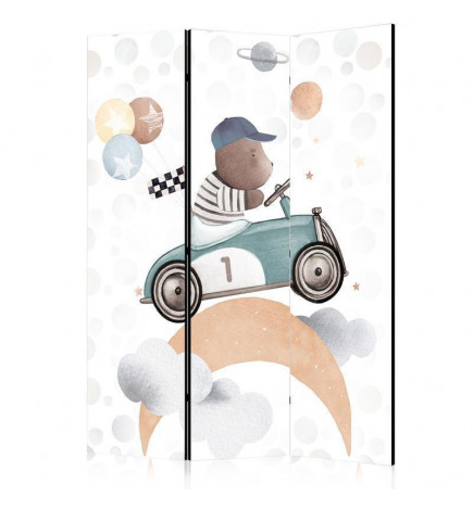 Paravent - Galactic Races - Bear Participating in Car Races Among Planets - Clouds - and Stars in Pastel Hues