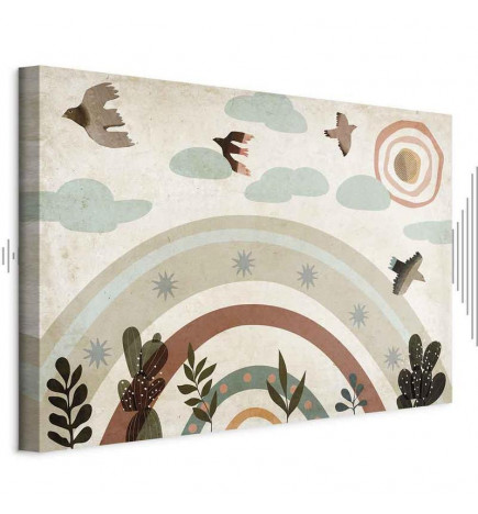 Seinapilt - Rainbow and Sun Above - Birds in Subdued Colors Flying Among Clouds Above a Rainbow and Various Plants on a 