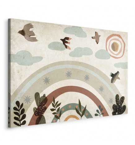 Seinapilt - Rainbow and Sun Above - Birds in Subdued Colors Flying Among Clouds Above a Rainbow and Various Plants on a 